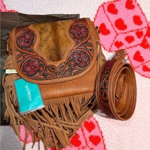 Trinity Ranch Fringe tooled Leather Crossbody Bag